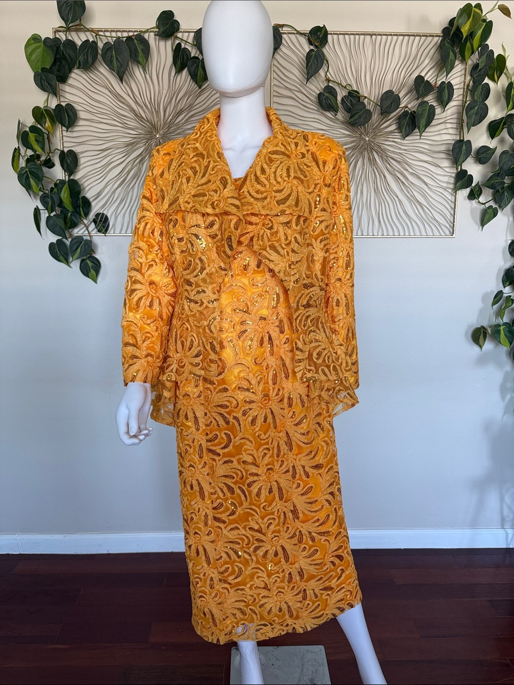 Gold Sequined Mesh Dress with a high low jacket New